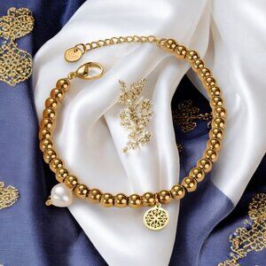 🆕️18K Gold Plated Stainless Steel Beaded Bracelet with Mandala & Pearl Charms ✨